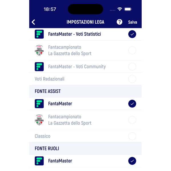 4 fonti voto e 3 fonti assist selezionabili su FantaMaster
